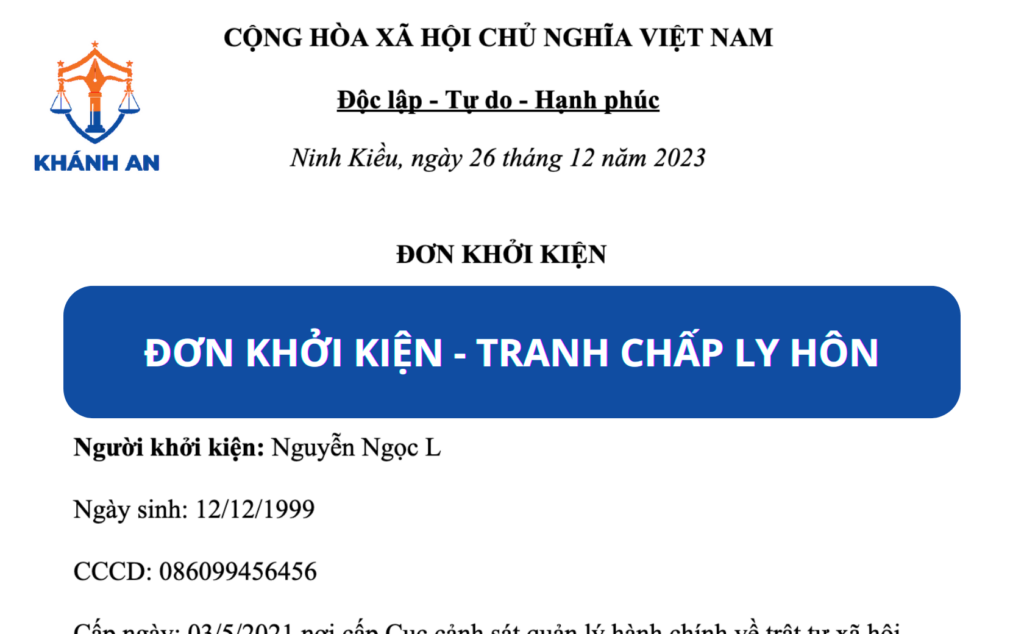Đơn khởi kiện - Tranh chấp ly hôn